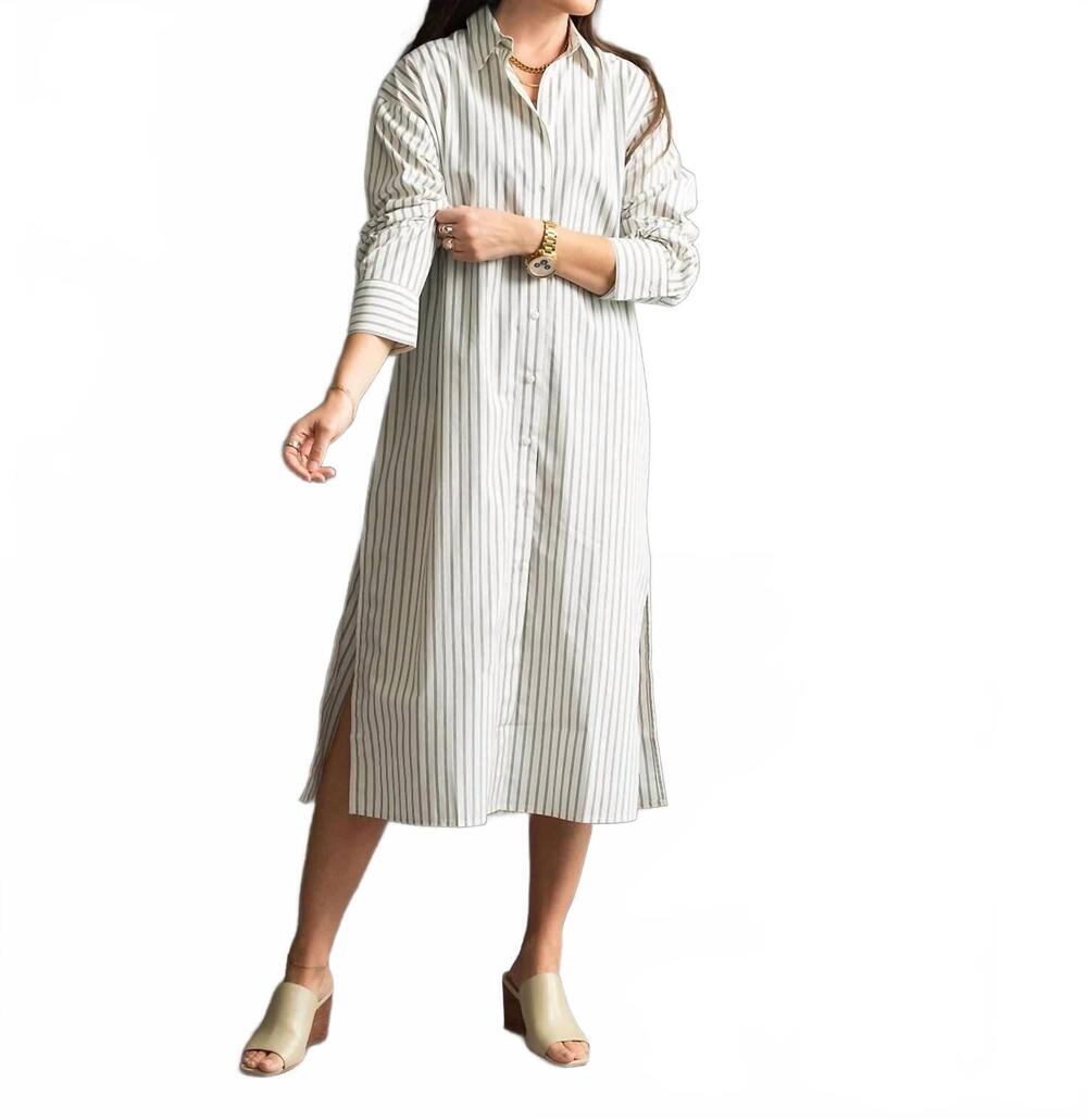 NEW ICHI cotton driftline shirt dress in cream / blue